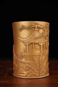 民国王炳荣鎏金雕刻笔筒，高13厘米直径9.3厘米