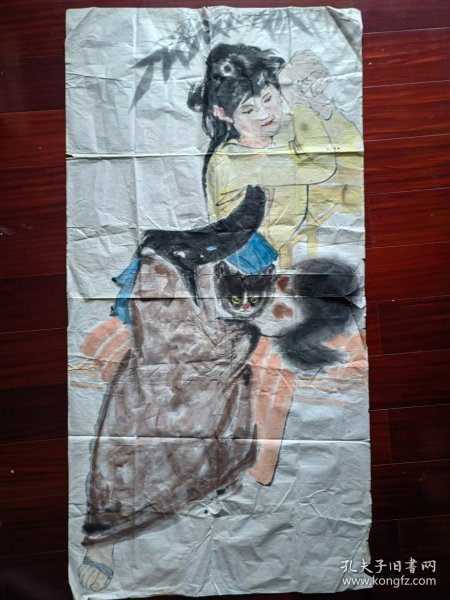 无款国画《少女和猫》，136cm*68cm