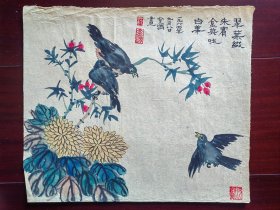 60年代佚名国画《三鸟》，21cm*25cm