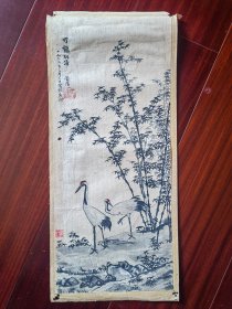 60年代佚名国画《竹鹤双清》，37cm*16cm