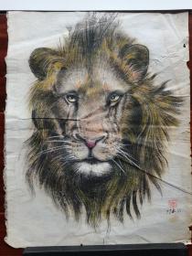 何磊学生，广州老画家李荦锵工笔《狮子》，23cm*30cm