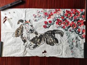 何天寿国画《双猫图》，63CM*110CM