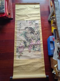 原装旧立轴带包首：吕绍辉国画《紫藤花猫》，80cm*48cm
