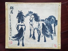 60年代佚名国画《群马》，23cm*120cm，