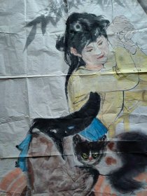 无款国画《少女和猫》，136cm*68cm