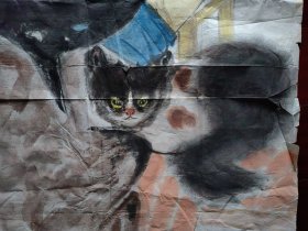 无款国画《少女和猫》，136cm*68cm