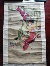 旧绢本国画（民国或建国初）：粤生款《天女散花》，93cm*52cm