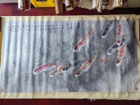广东书画家谭伟强国画《锦鲤图》，176cm*92cm