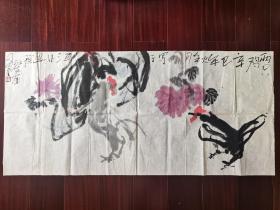 河北画院一级美术师谷爱萍国画《双鸡图》，100cm*45cm