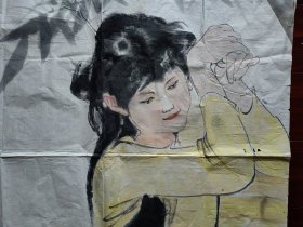 无款国画《少女和猫》，136cm*68cm