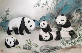 戴环宇工笔熊猫作品（五福临门）