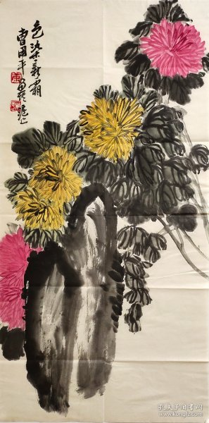 上海市文史研究馆馆员，曹用平 纯手绘花鸟画，尺寸 48*90，作品保真，装饰收藏佳品