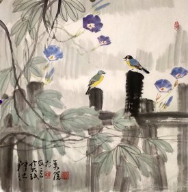 天津美术学院教授贾宝珉，纯手绘花鸟作品，尺寸 68*68，作品保真，装饰收藏佳品