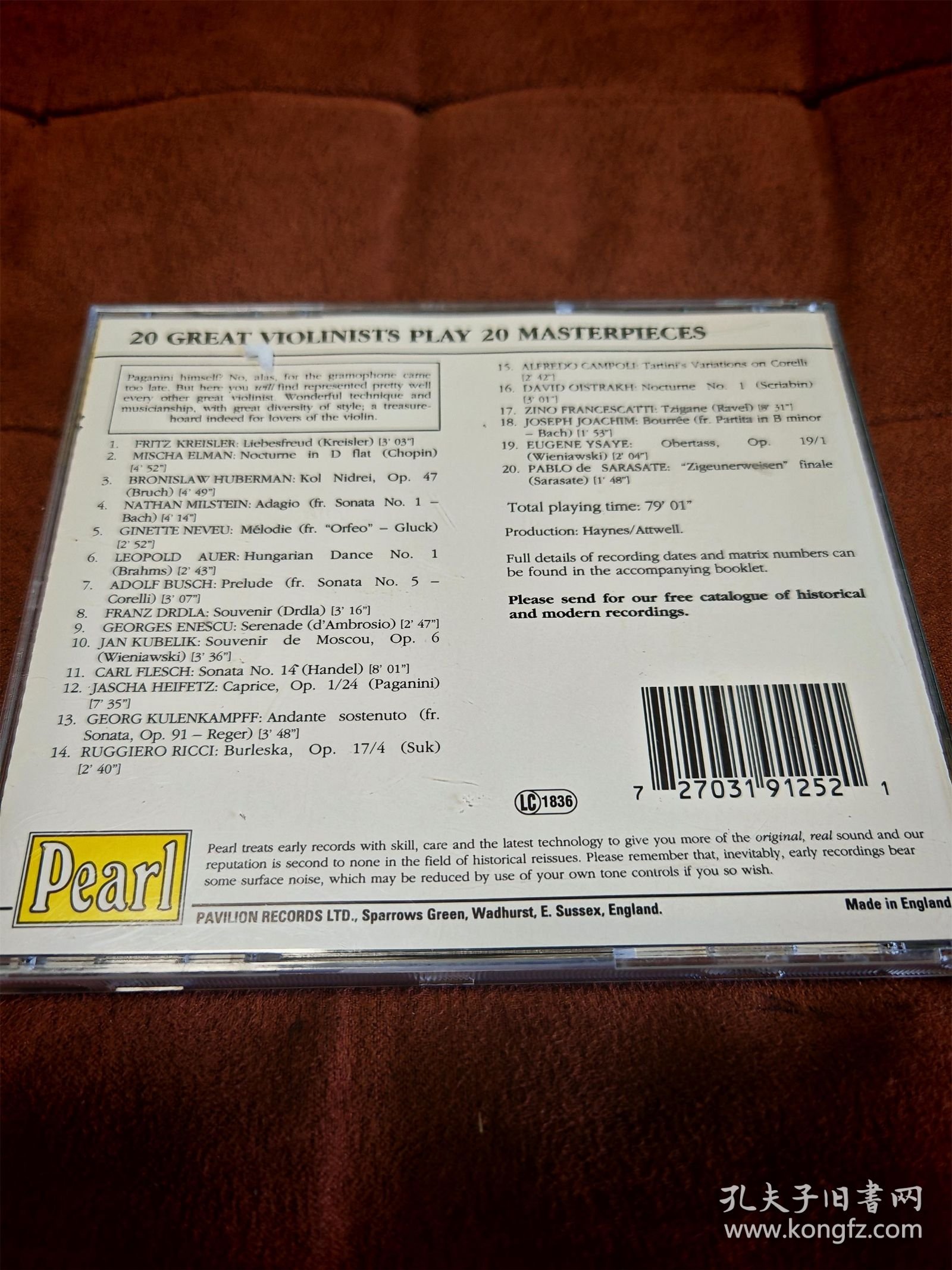 Pearl 20位伟大的小提琴家演奏20首小提琴名曲/20 GREAT VIOLINISTS PLAY 20 MASTERPIECES/ 英凸字首版