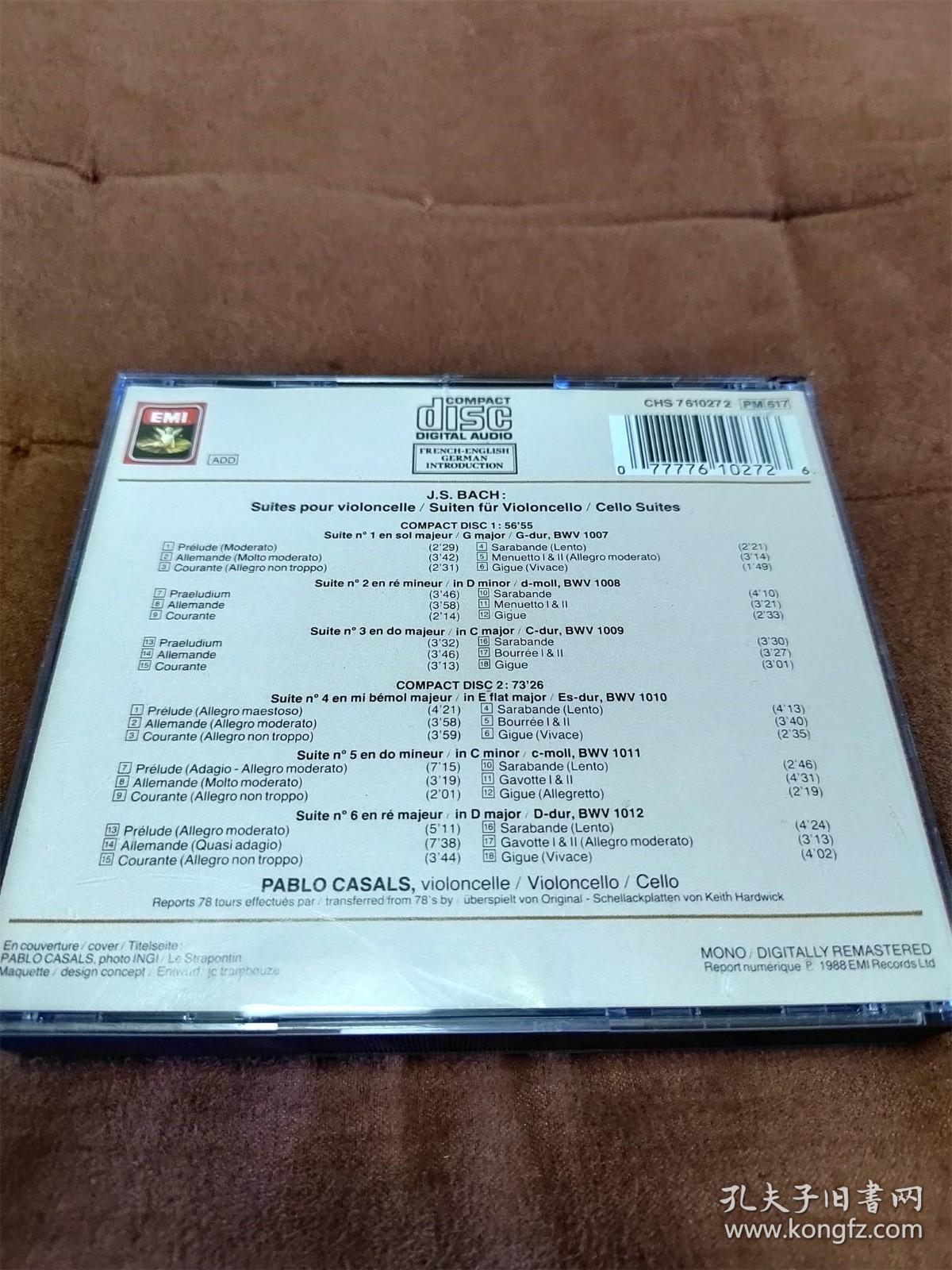 EMI 巴赫-无伴奏大提琴组曲/卡萨尔斯CASALS / BACH  2CD 英天使首版