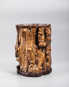 清 天然瘿木根雕随形笔筒 奇木摆件（嵌红木口、底）