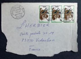 刚果实寄封：刚果寄法国国际实寄封（贴“爬行动物-非洲岩蟒（第五枚）5/8”邮票）
