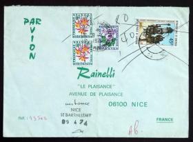 喀麦隆共和国实寄封：喀麦隆寄法国国际实寄封（贴“1973年西南喀麦隆民间传说舞蹈（第三枚）3/3、法国欠资（植物）”邮票）