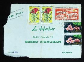 刚果实寄封：刚果人民共和国寄法国国际实寄封（贴“1970年动植物系列-Myrianthemum mirabile（第三枚）3/7、1971年热带花卉-鸡冠花（Celosia cristata）（第二枚）2/6、1973年航空邮票-世界气象组织成立 100 周年（1全）”邮票）