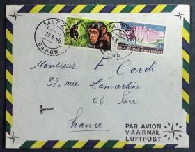 加蓬共和国实寄封：加蓬寄法国国际实寄封（贴“世卫组织成立20周年（1全）、1967年加蓬动物（第四枚）4/6”邮票）