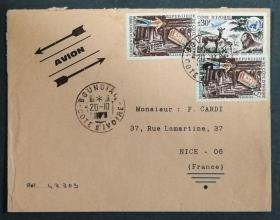 科特迪瓦实寄封：科特迪瓦寄法国国际实寄封（贴“工业（第一枚）、联合国成立25周年（1全）”邮票）