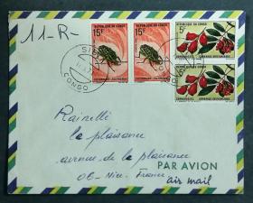 刚果实寄封：刚果人民共和国寄法国国际实寄封（贴“动植物系列-花卉（第四枚）4/7、甲虫（第六枚）6/7”邮票）