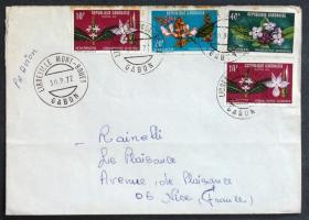 加蓬实寄封：加蓬共和国寄法国国际实寄封（贴“花卉系列-Stenandriopsis guineensis（第二枚）2/6、Thomandersia hensii（第三枚）3/6、Physacanthus batanganus（第五枚）5/6 ”邮票）