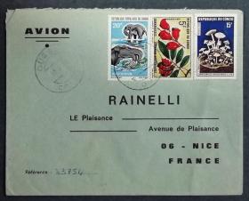 刚果实寄封：刚果寄法国国际实寄封（贴“史前动物-恐象（第二枚）2/4、动物与花系列（第四枚）4/7、真菌系列（第三枚）3/6”邮票）
