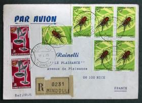 刚果实寄封：刚果寄法国国际实寄封（贴“动植物系列-甲虫（第七枚）7/7、真菌系列-类粉褶蕈蚁巢伞（第二枚）2/6”邮票）