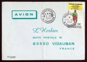喀麦隆共和国实寄封：喀麦隆寄法国国际实寄封（贴“航空邮票-法国欧洲杯（第一枚）1/3”邮票）