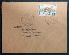 乍得实寄封：乍得寄法国国际实寄封（贴“家畜-家犬（第三枚）3/4”邮票）N-2180