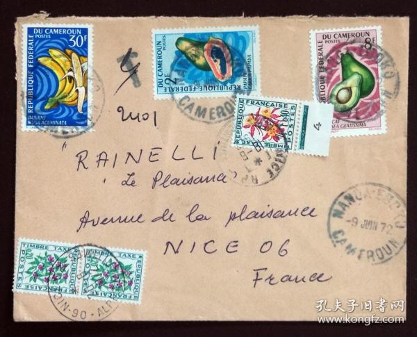喀麦隆实寄封：喀麦隆寄法国国际实寄封（贴“喀麦隆水果-番木瓜（第二枚）2/9、牛油果（第七枚）7/9、尖叶蕉（第九枚）9/9、法国欠资--植物”邮票）