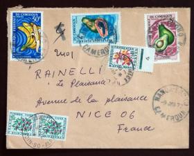 喀麦隆实寄封：喀麦隆寄法国国际实寄封（贴“喀麦隆水果-番木瓜（第二枚）2/9、牛油果（第七枚）7/9、尖叶蕉（第九枚）9/9、法国欠资--植物”邮票）