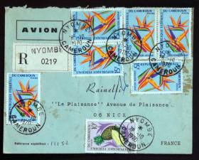 喀麦隆实寄封：喀麦隆寄法国国际实寄封（贴“水果系列-菠萝（Ananas comosus）（第八枚）8/9、花卉系列-鹤望兰（Strelitzia reginae）（第一枚）1/3”邮票）