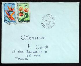 喀麦隆实寄封：喀麦隆寄法国国际实寄封（贴“花卉系列-鹤望兰（第一枚）1/3、非洲攀缘植物系列-马缨丹（第一枚）1/4”邮票）