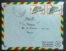 刚果实寄封：刚果寄法国国际实寄封（贴“野生动物-树熊猴（第六枚）6/8”邮票）