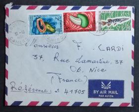 喀麦隆实寄封：1969年喀麦隆寄法国国际实寄封（贴“水果（第二枚）2/9，（第三枚）3/9、鱼类和甲壳类动物（第五枚）5/10”邮票）