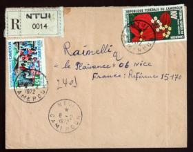 喀麦隆共和国实寄封：喀麦隆寄法国国际实寄封（贴“喀麦隆“农村生活”（第二枚）2/2、非洲攀缘植物系列-红纸扇（Mussaenda erythrophylla）（第四枚）4/4”邮票）