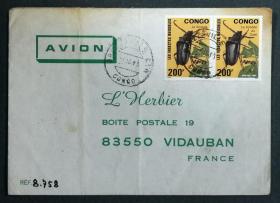 刚果实寄封：1993年刚果寄法国国际实寄封（贴“有害昆虫·南印度赤鞘天牛”邮票）