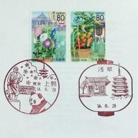 日本首日封：2002年日本地方邮政東京（東京-21）发行《东京市场》首日封（盖“东京上野·熊猫”纪念邮戳、“浅草寺”纪念邮戳）