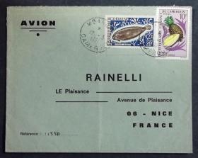 喀麦隆实寄封：喀麦隆寄法国国际实寄封（贴“水果（第八枚）8/9、鱼类和甲壳类动物（第四枚）4/10”邮票）