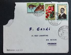 加蓬实寄封：加蓬共和国寄法国国际实寄封（贴“花系列（第二枚2/5）加蓬动物-水鼷鹿（第三枚）3/6、加蓬总统·邦戈·翁丁巴（第一枚）1/2”邮票）