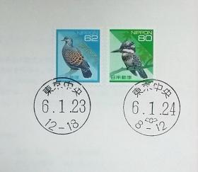 日本首日封：日本普通邮票系列（平成）1994发行《日本自然系列 - 山斑鸠（面值62）、冠鱼狗（面值80）》首日封（盖“东京中央”邮政邮戳）