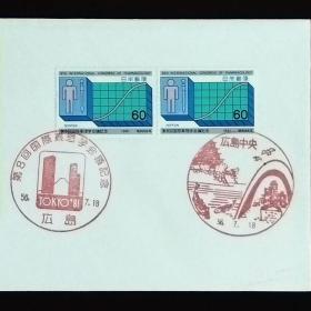 日本首日封：1981年日本发行《第8届国际药理学大会》双联首日封 （盖“第八届国际药理学大会·广岛”纪念邮戳、“广岛中央”风景纪念邮戳）