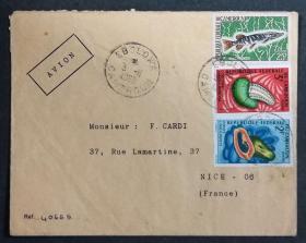 喀麦隆实寄封：喀麦隆寄法国国际实寄封（贴“水果（第二枚）2/9，（第三枚）3/9、鱼类和甲壳类动物（第五枚）5/10”邮票）