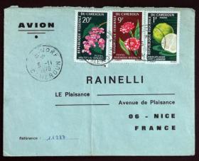 喀麦隆实寄封：喀麦隆寄法国国际实寄封（贴“水果系列-柚子（第一枚）1/9、花卉系列-瓷玫瑰（Phaeomeria magnifica）（第一枚）1/6、珊瑚藤（Antigonon leptopus）（第三枚）3/6”邮票）