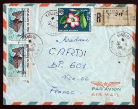 马里实寄封：马里寄法国国际实寄封（贴“热带植物系列-Adenium honghel（第三枚）3/3、捕鱼（第四枚）4/6”邮票）