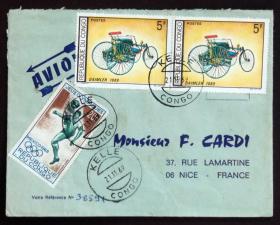 刚果实寄封：刚果寄法国国际实寄封（贴“老爷车系列-戴姆勒（1889）（第一枚）1/5、航空邮票-墨西哥奥运会-足球（第二枚）2/4”邮票）