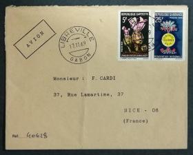 加蓬实寄封：加蓬共和国寄法国国际实寄封（贴“花卉系列（第三枚）3/5、国家革新（1全）”邮票）