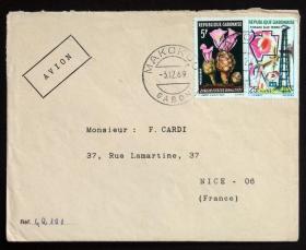 加蓬实寄封：加蓬共和国寄法国国际实寄封（贴“花卉系列-Costus dinklagei（第三枚）3/5、埃尔夫—赤道非洲石油联盟成立20周年”邮票）